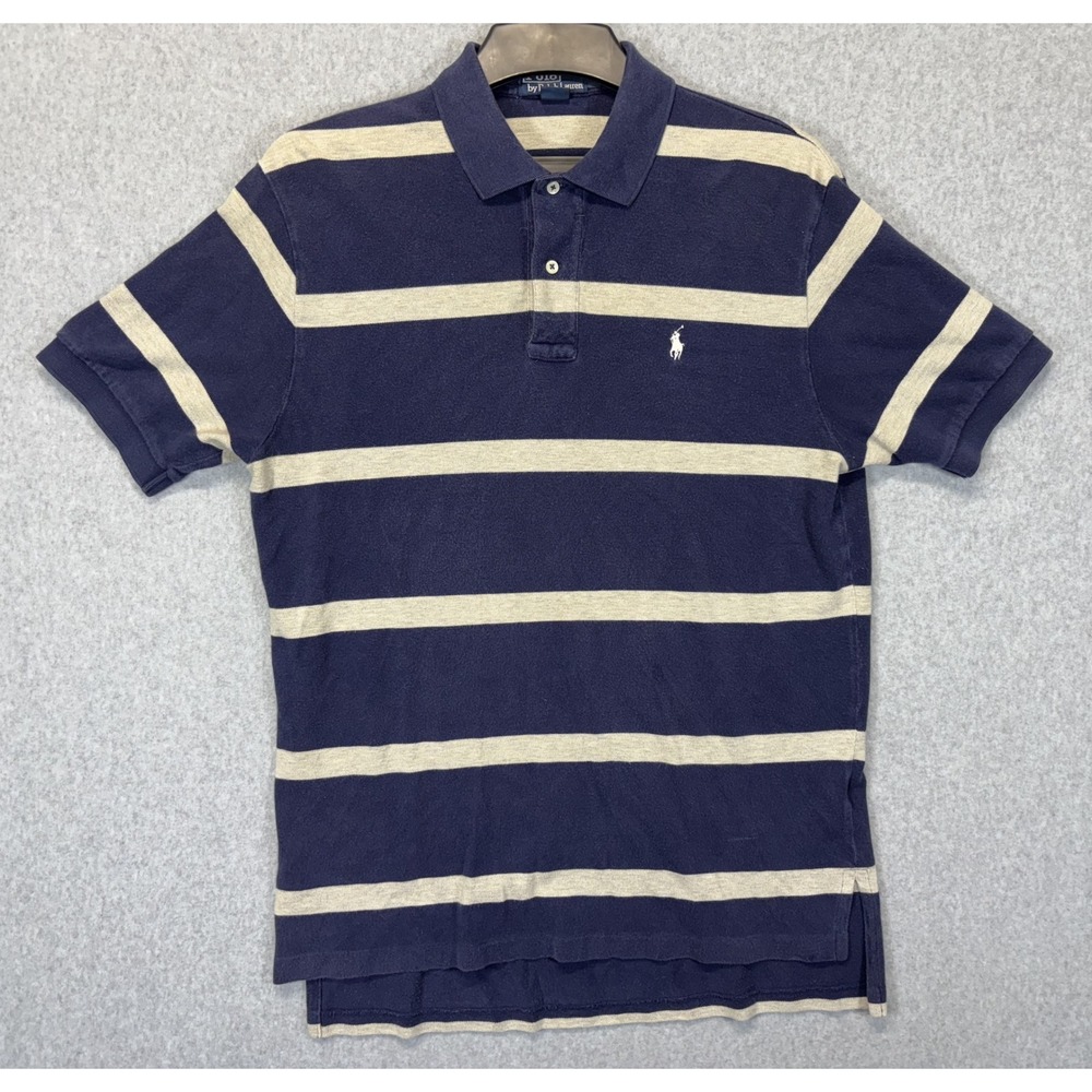 Polo Ralph Lauren Mens Large Navy Blue Grey Striped Short Sleeve Polo Shirt